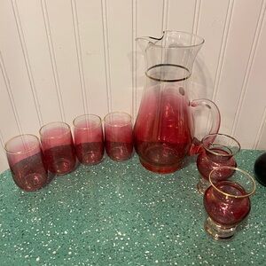 Blendo 1960’s cranberry rose pitcher with glasses and 2 bud vases